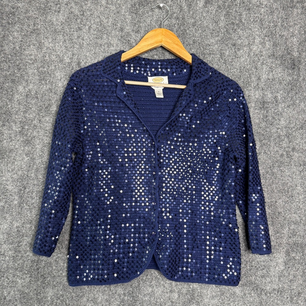 Talbots Cardigan Women S Petite Blue Hand Knit‎ Sequin Embellished Party Evening